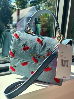 Betsey Johnson Light Blue Denim Mini Bag with Red Cherry Embroidery